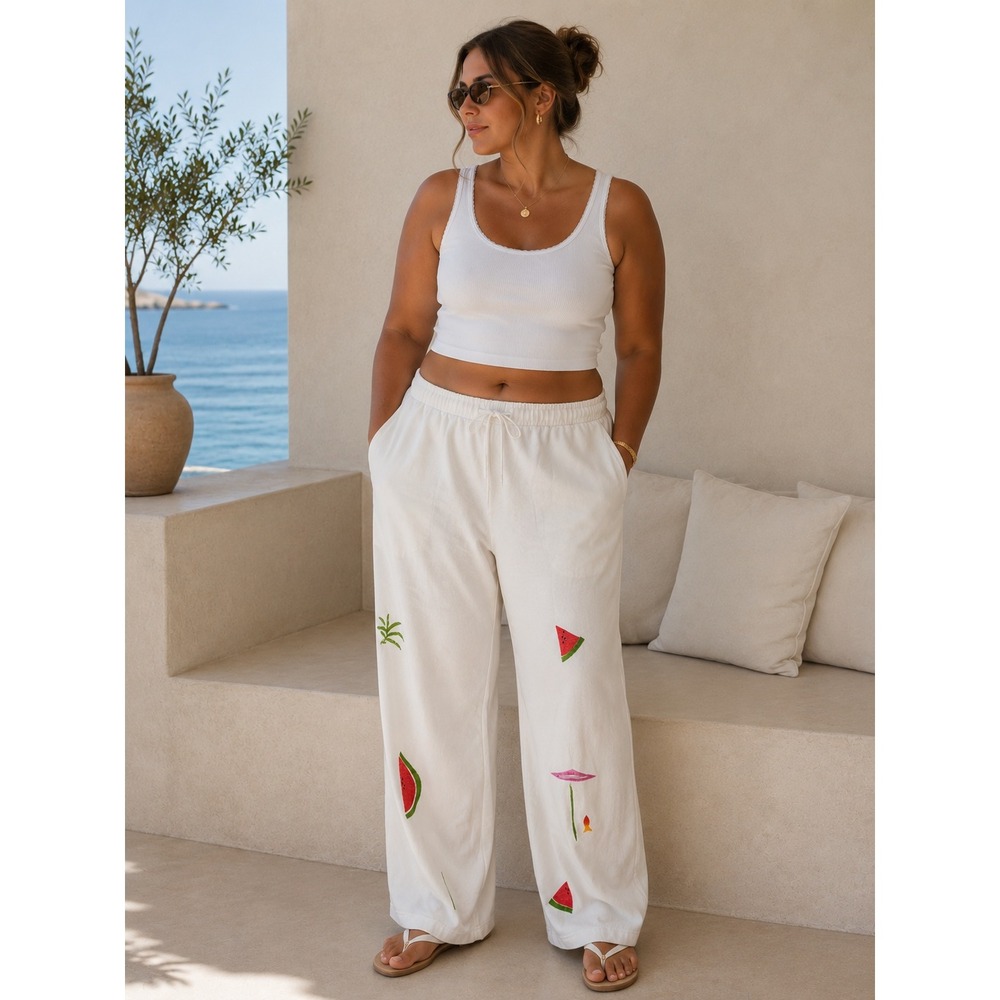 Vintage‎ Alegre Hand Painted Watermelon Lounge Pants XL White Cotton Artwear USA